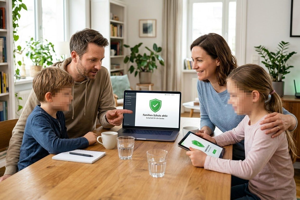 Familie prüft gemeinsam am Wohnzimmertisch die Sicherheitseinstellungen ihrer Geräte