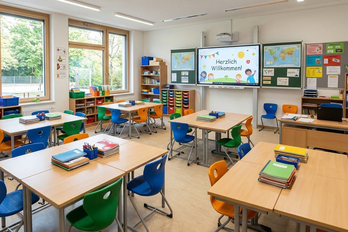 Klassenzimmer einer Volksschule mit interaktiver Tafel