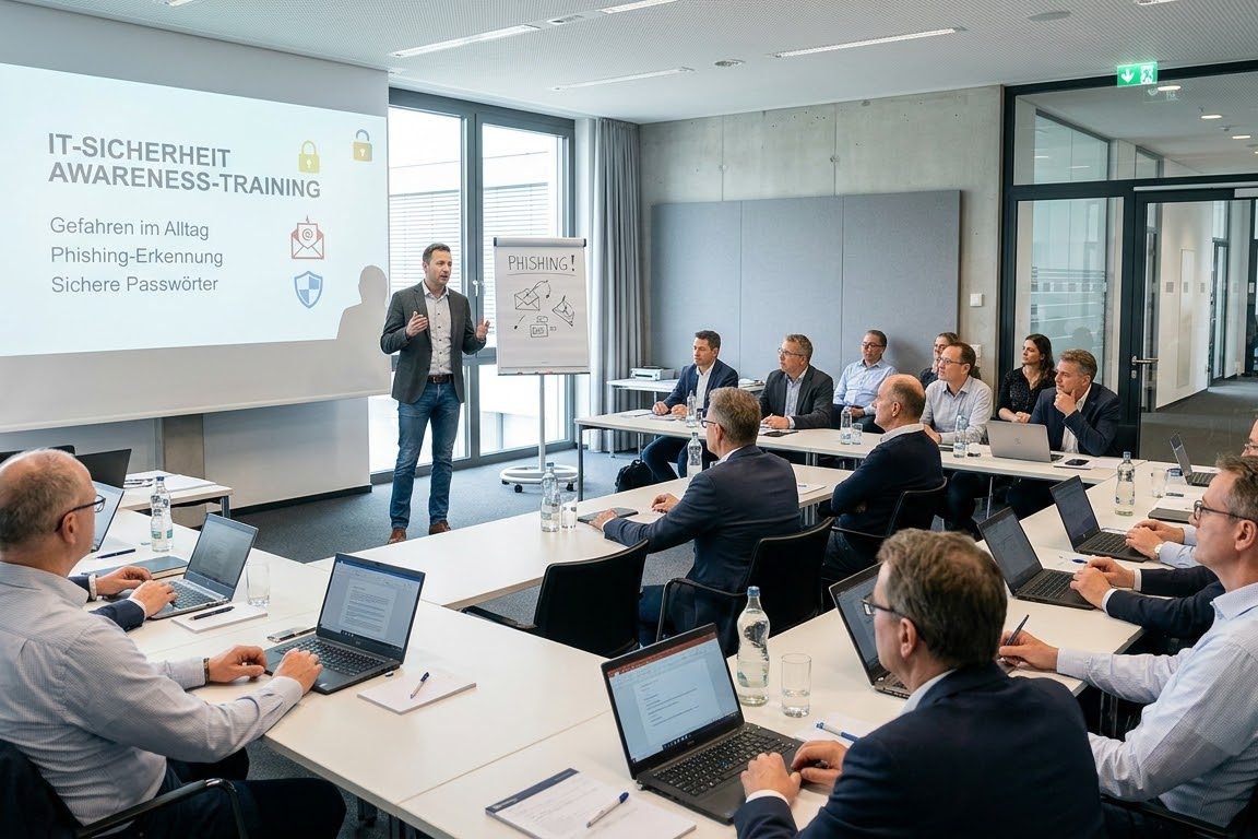 Security-Awareness-Schulung in einem Besprechungsraum: Vortragender vor Mitarbeitenden an Notebooks