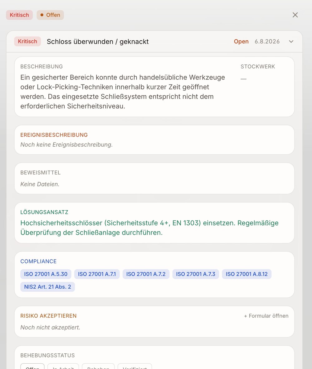 Detailansicht eines Findings mit Beschreibung, Lösungsansatz, Compliance-Bezügen und Behebungsstatus