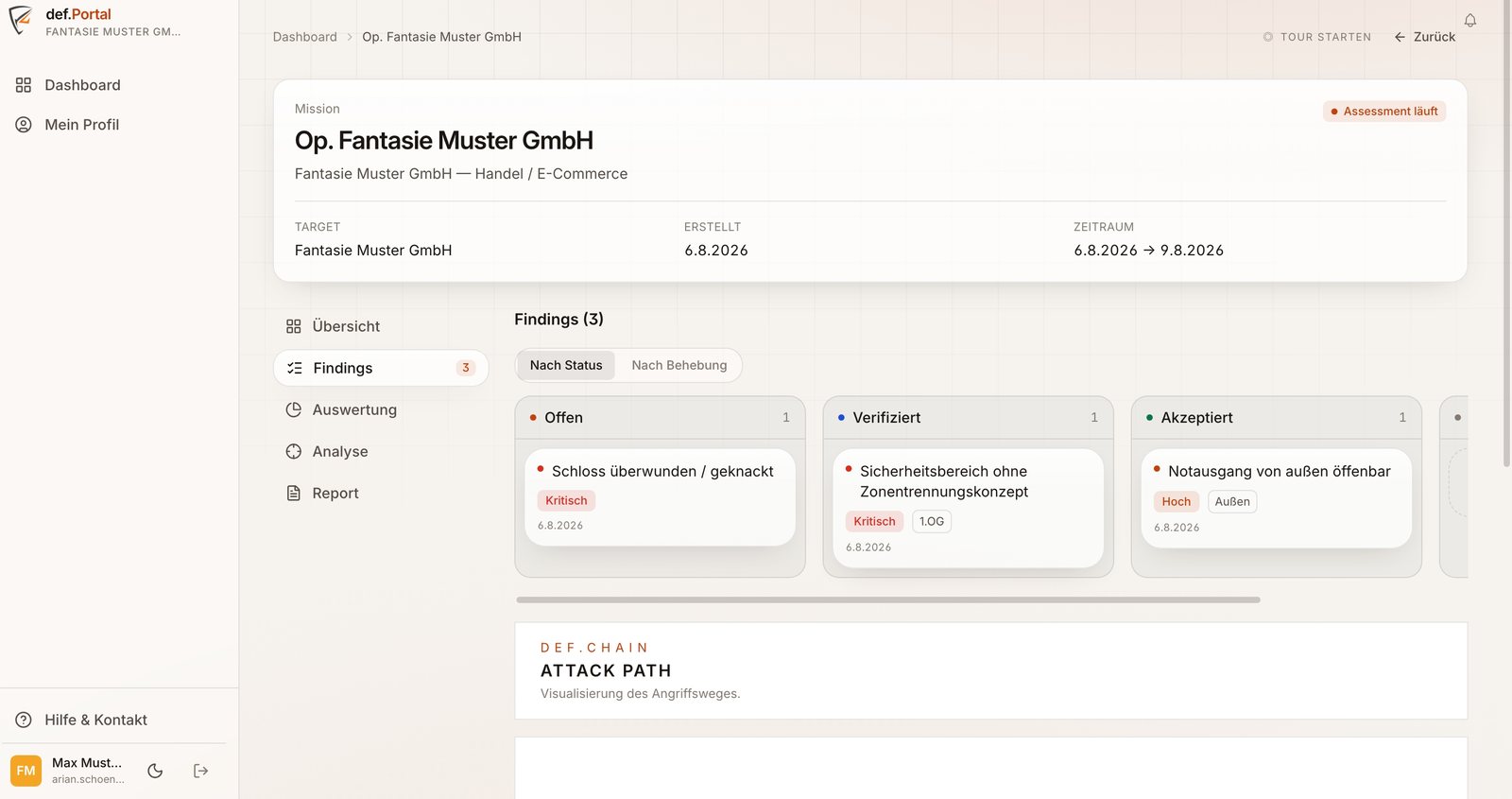 Findings-Board des def.Portals mit Spalten nach Status
