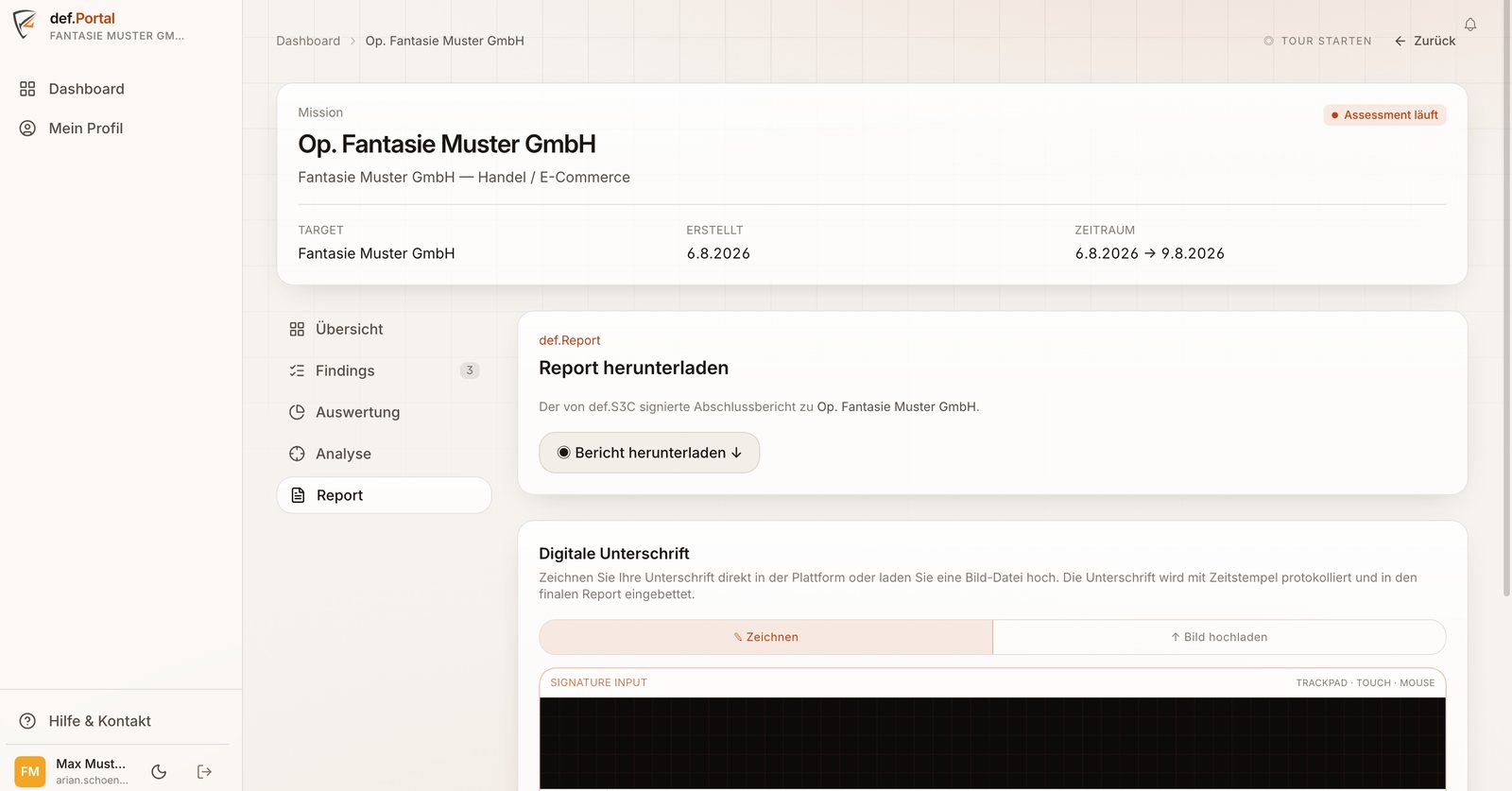 Report-Bereich des def.Portals mit Download und digitaler Unterschrift