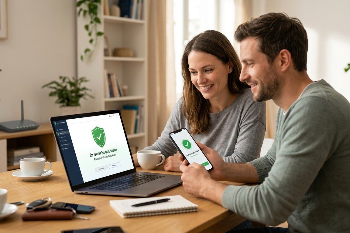 Paar kontrolliert zu Hause den Schutzstatus von Notebook und Smartphone