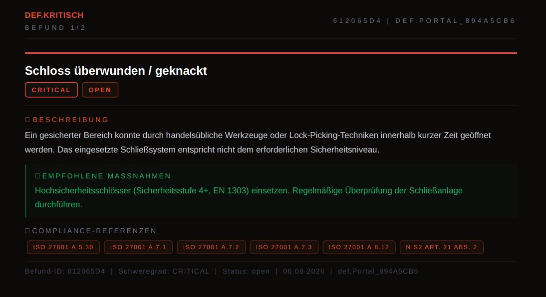 Befundseite des Berichts mit Maßnahmen und Compliance-Referenzen